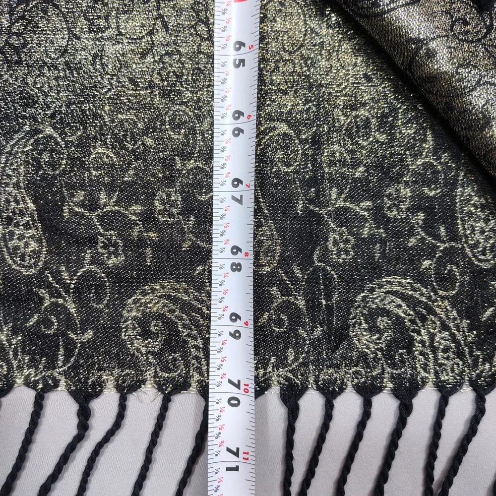 Pashmina Scarf Wrap Women OS Gold Black Metallic Paisley Silk Blend Fringed